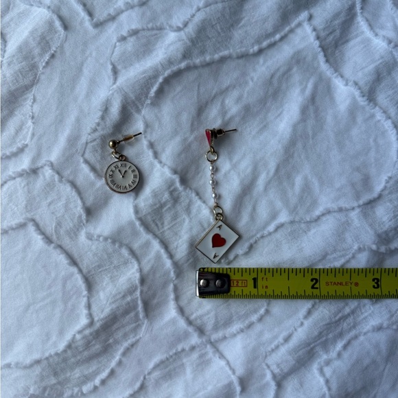 Gold White and Red Playing Card and Clock Earrings Queen of Hearts Dangle - Picture 3 of 6